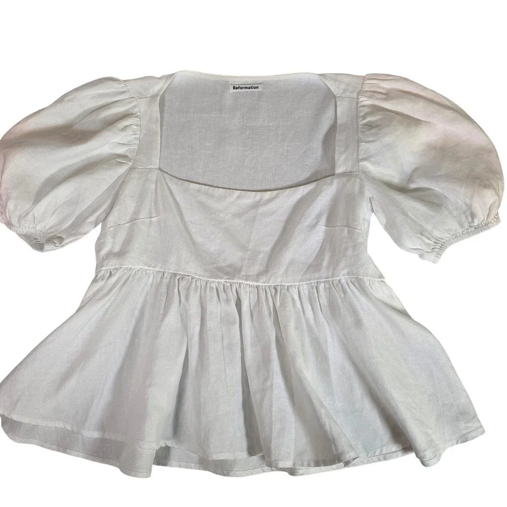 Reformation‎ Tille White Linen Puff Sleeve Babydoll Top Womens S Square Neck